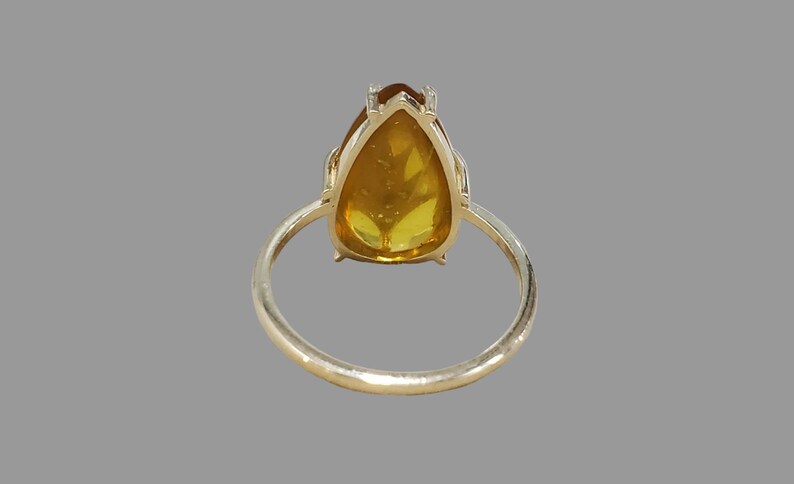 14K Gold Yellow Opal Diamond Ring, Natural Smooth Cabochon