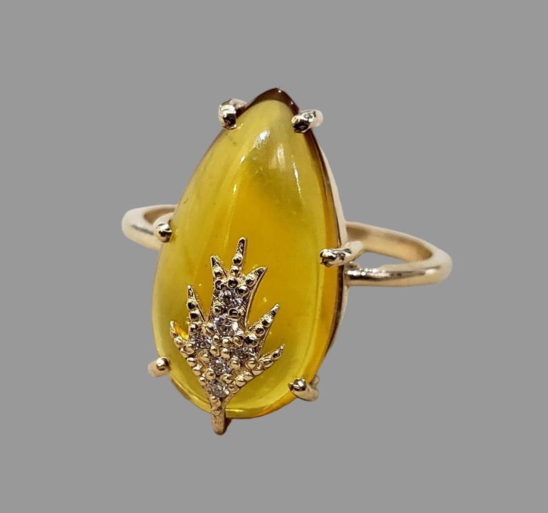 14K Gold Yellow Opal Diamond Ring, Natural Smooth Cabochon