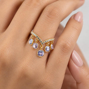 14K Gold Multi Spinel & Diamond Dangle Ring