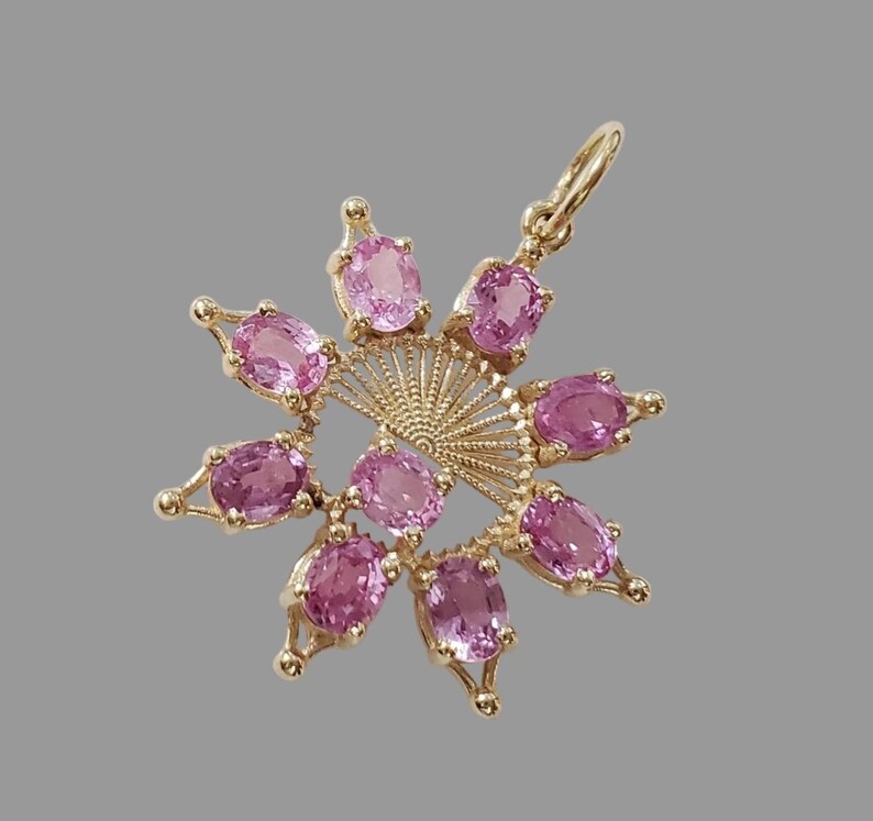 14K Gold Pink Sapphire Pendant, Floral Starburst Gemstone