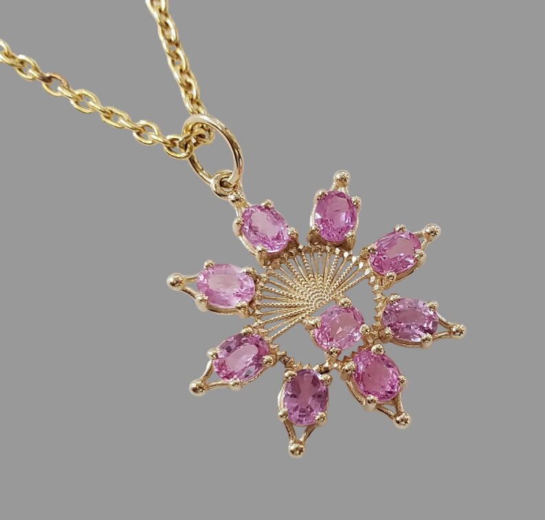 14K Gold Pink Sapphire Pendant, Floral Starburst Gemstone