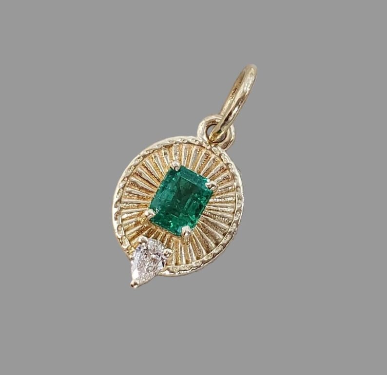 14K Gold Emerald Diamond Pendant, Natural Emerald Sunburst Charm,