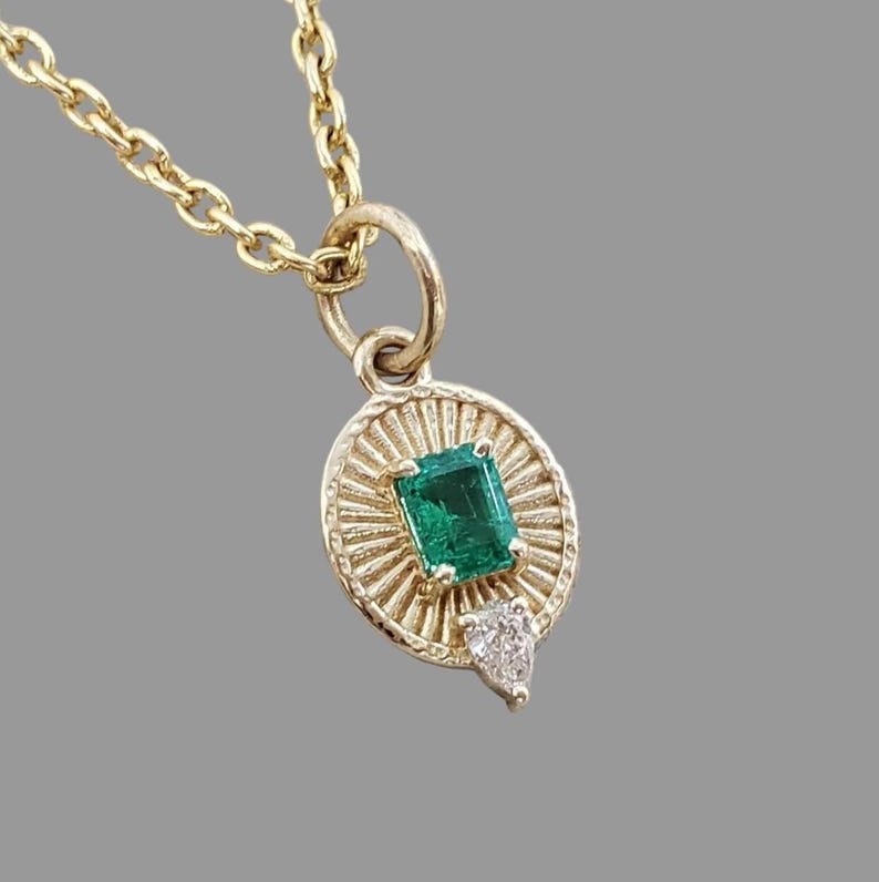 14K Gold Emerald Diamond Pendant, Natural Emerald Sunburst Charm,