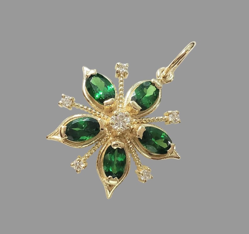 14k Gold Tsavorite & Diamond Floral Pendant, Green Garnet