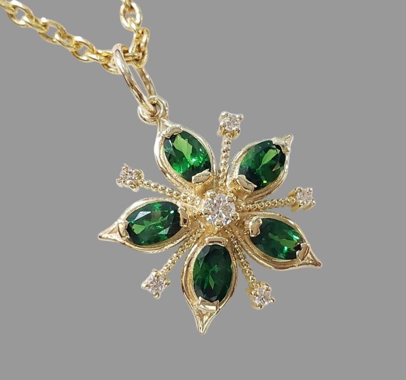14k Gold Tsavorite & Diamond Floral Pendant, Green Garnet