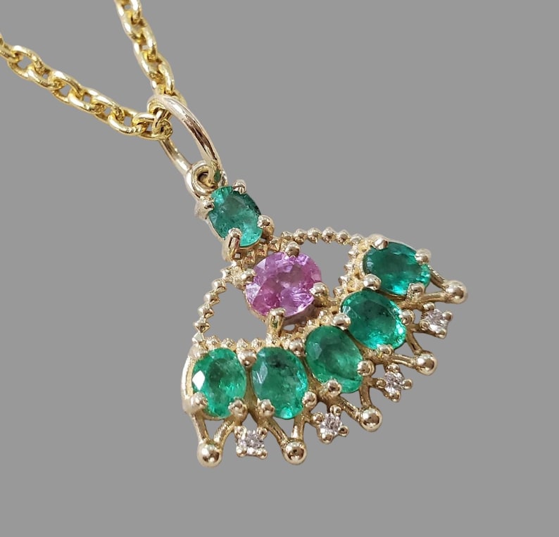 14k Gold Emerald & Pink Sapphire Pendant, Vintage Inspired