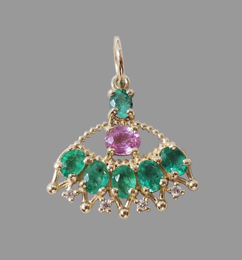 14k Gold Emerald & Pink Sapphire Pendant, Vintage Inspired