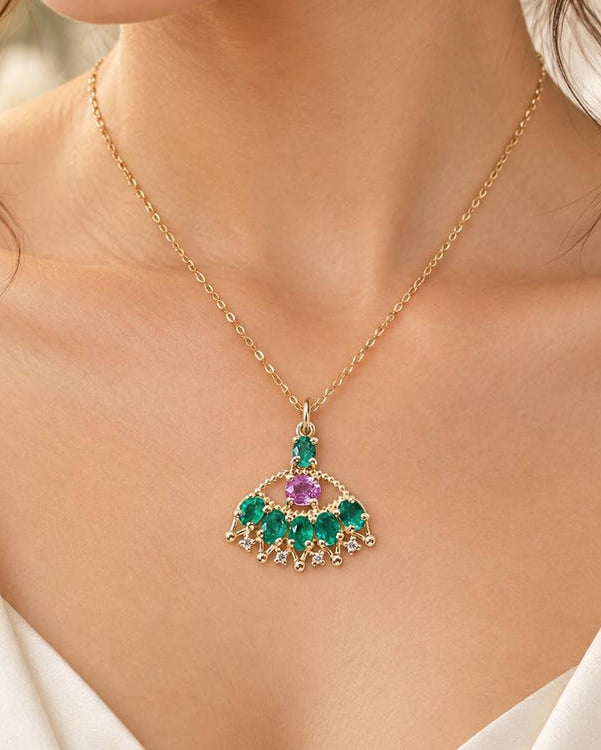 14k Gold Emerald & Pink Sapphire Pendant, Vintage Inspired
