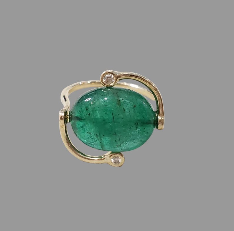 Drilled 14K Gold Natural Tumble Emerald & Diamond Ring