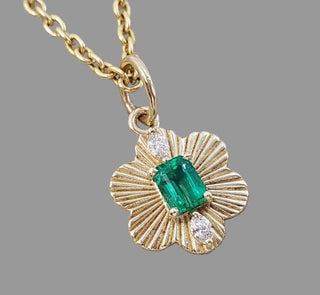14K Gold Natural Emerald & Diamond Flower Pendant