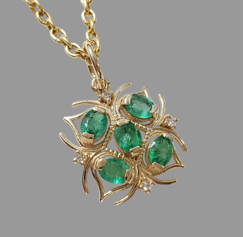Natural Emerald & Diamond Pendant in 14K Gold, Artistic Leaf Floral
