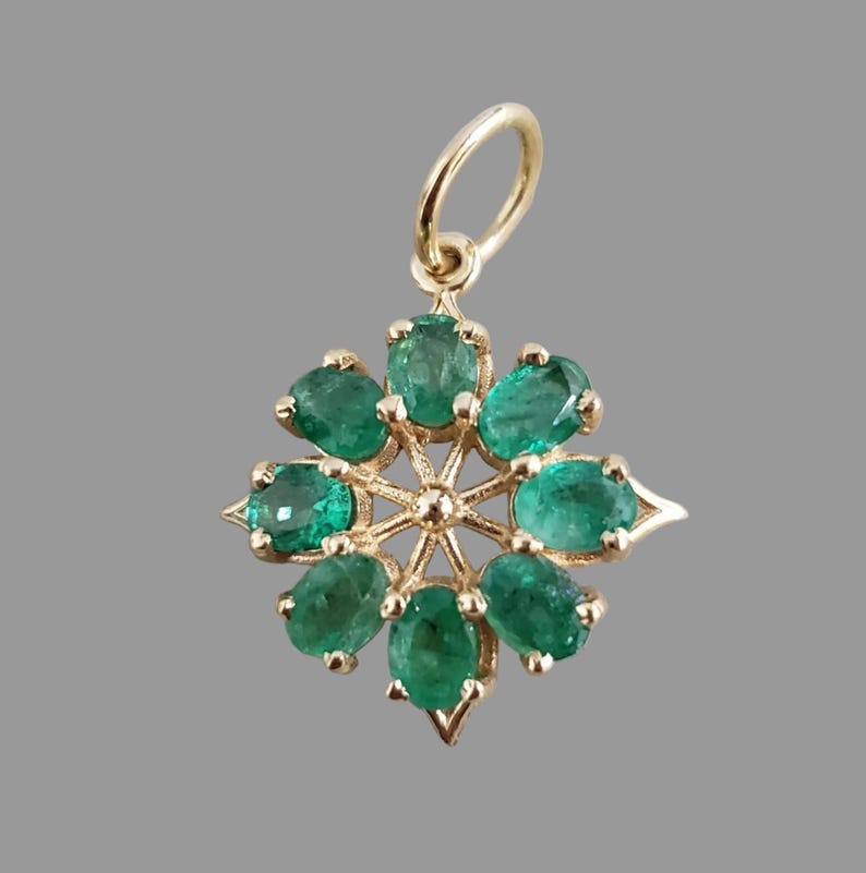 14K Gold Natural Emerald Floral Pendant, Green Gemstone