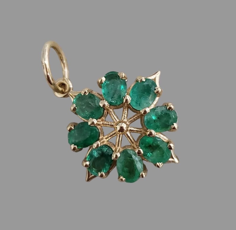 14K Gold Natural Emerald Floral Pendant, Green Gemstone