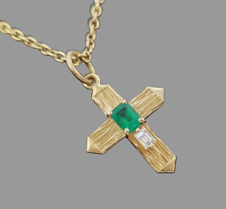 Emerald & Diamond Cross Pendant, 14K Yellow Gold