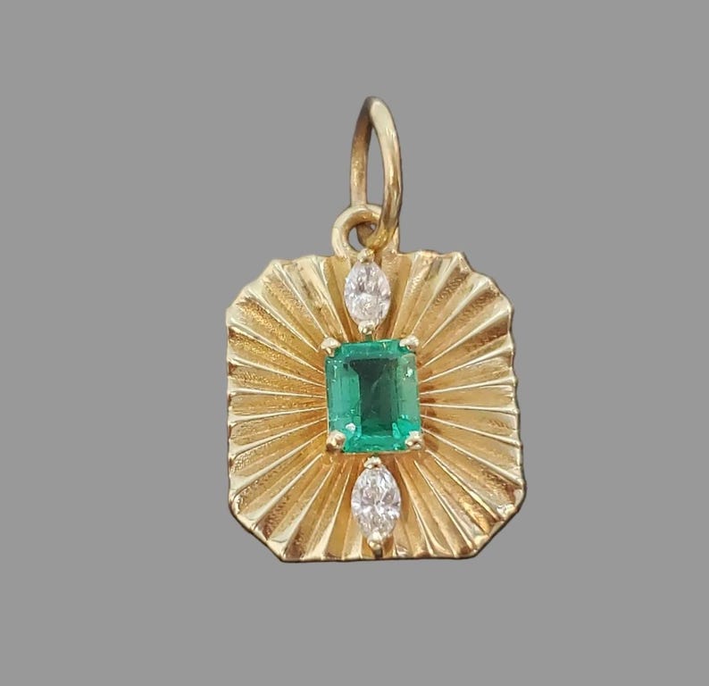 Textured 14K Gold Emerald Pendant, Diamond Accent