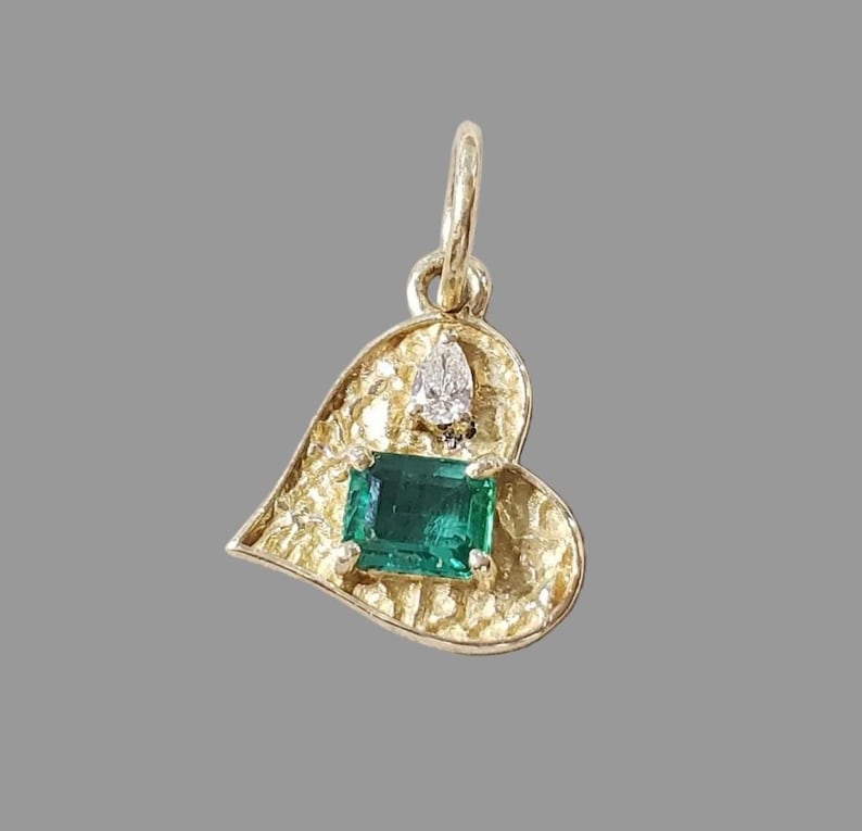 14k Gold Textured Heart Charm, Natural Emerald & Diamond