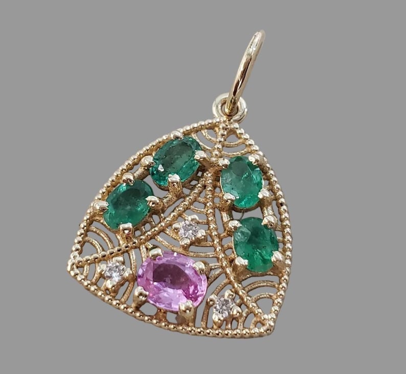 Emeralds & Pink Sapphire Diamond Pendant in 14K Gold