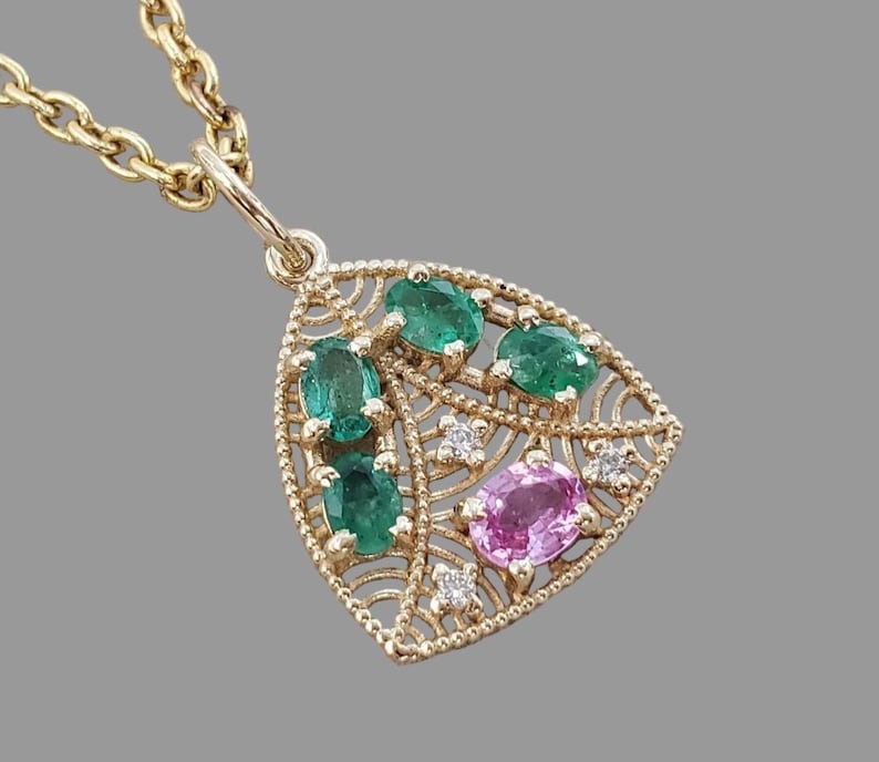 Emeralds & Pink Sapphire Diamond Pendant in 14K Gold
