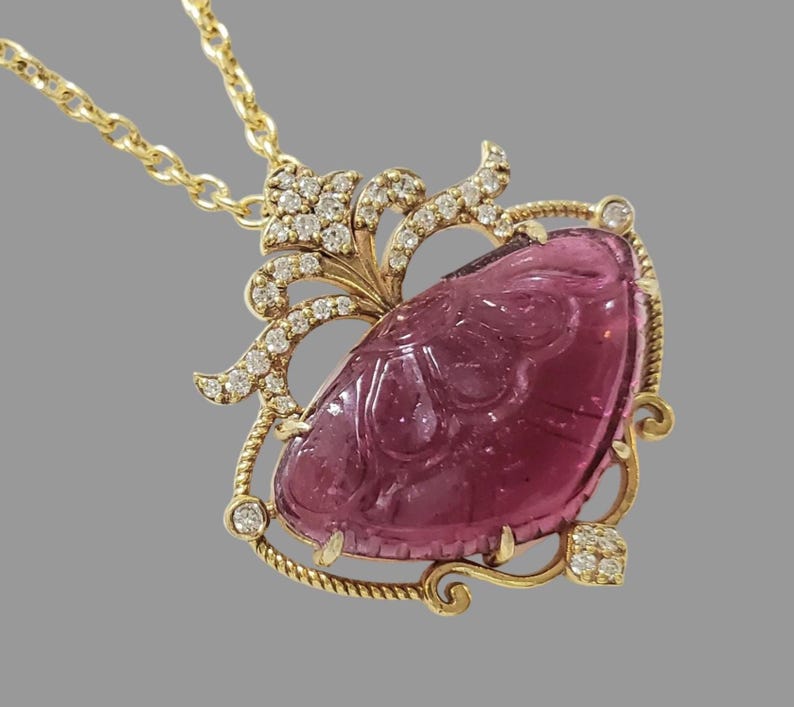 14K Gold Carved Rubellite Tourmaline Pendant