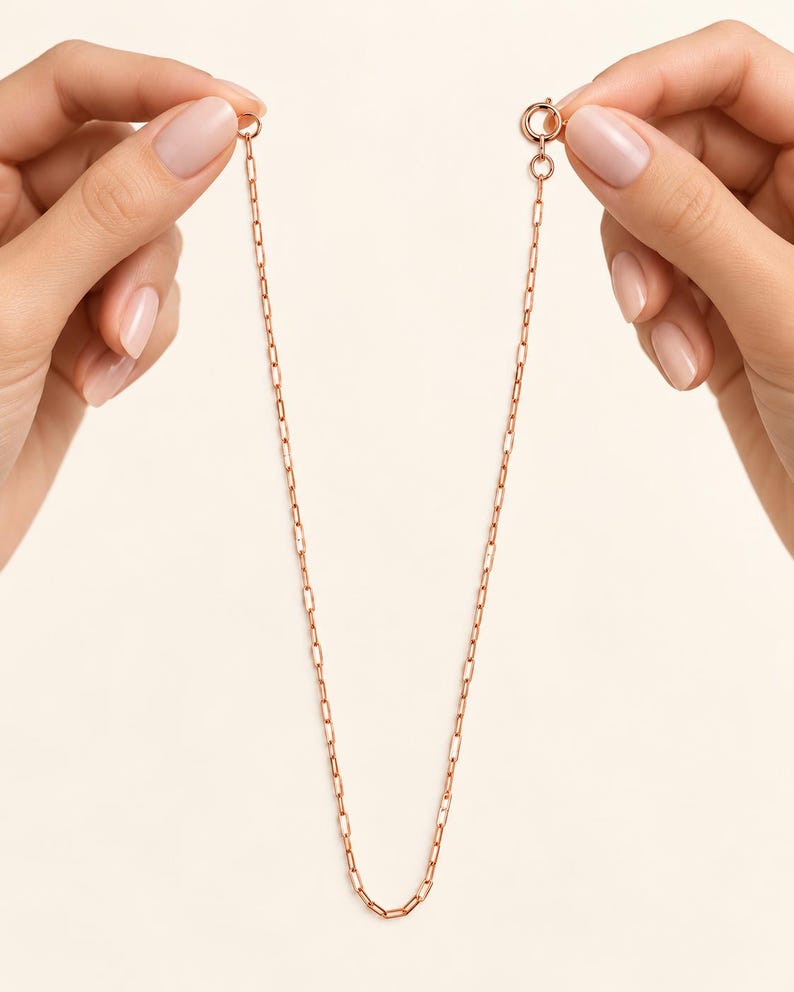 18K Rose Gold Paperclip Chain Necklace, Minimalist Link Necklace