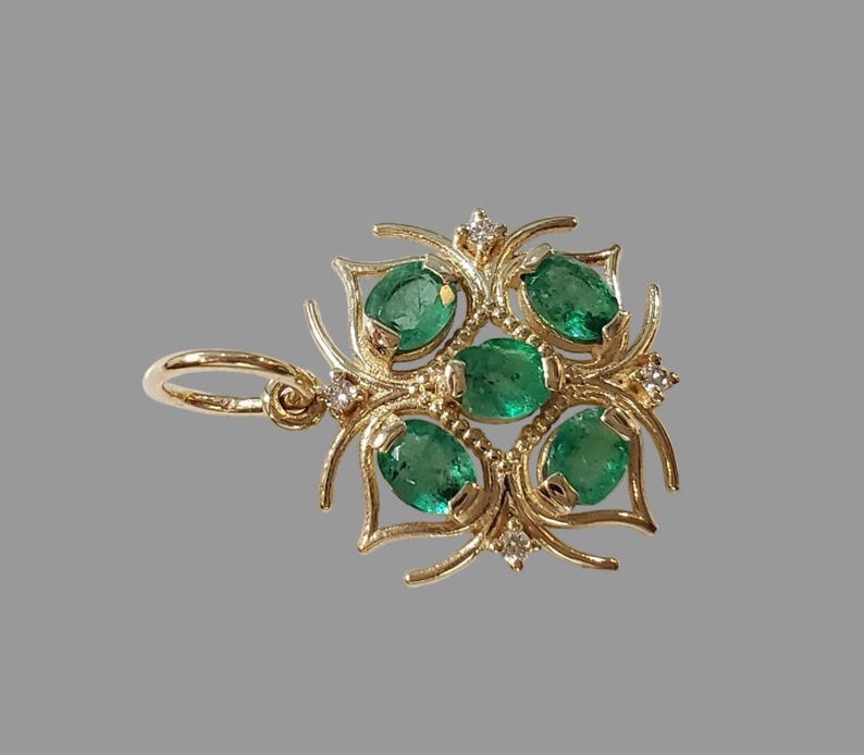 Natural Emerald & Diamond Pendant in 14K Gold, Artistic Leaf Floral