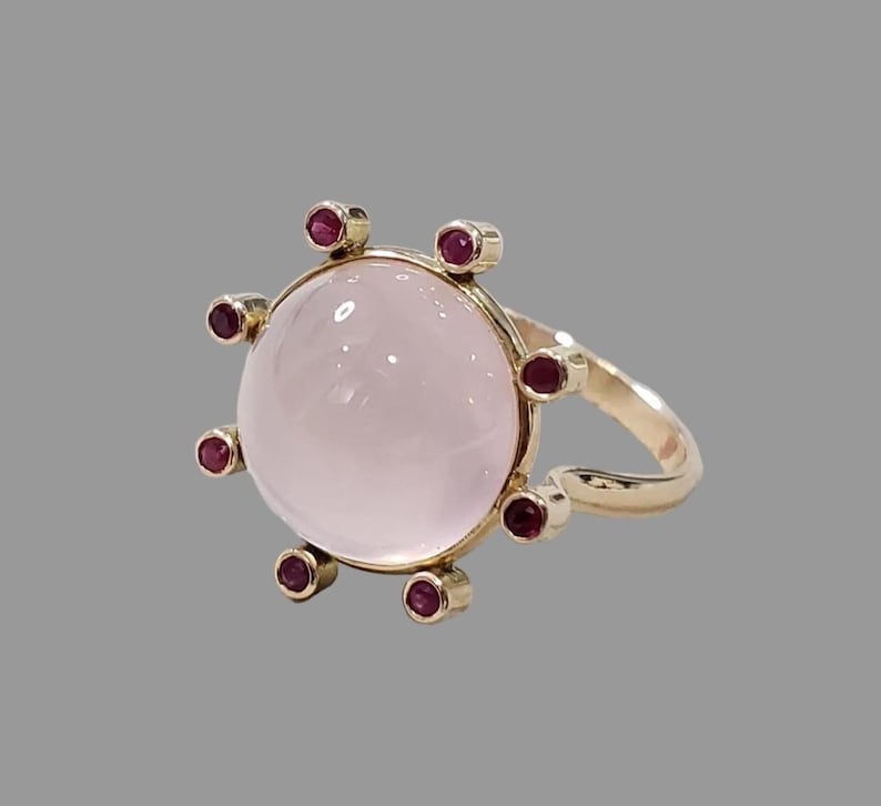 Smooth Rose Quartz and Ruby 14k Gold Ring, Cluster Setting