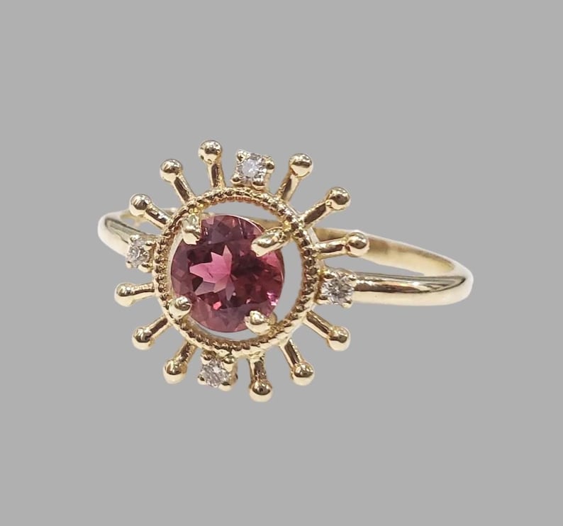Sunburst Pink Tourmaline Ring | 14K Gold Diamond Ring