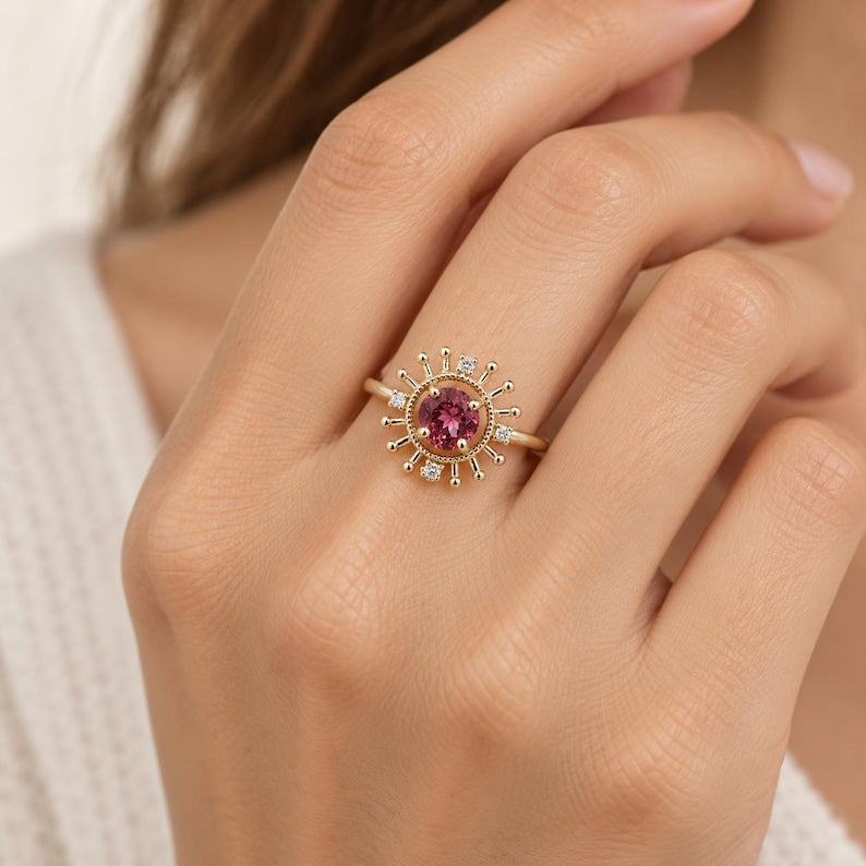 Sunburst Pink Tourmaline Ring | 14K Gold Diamond Ring