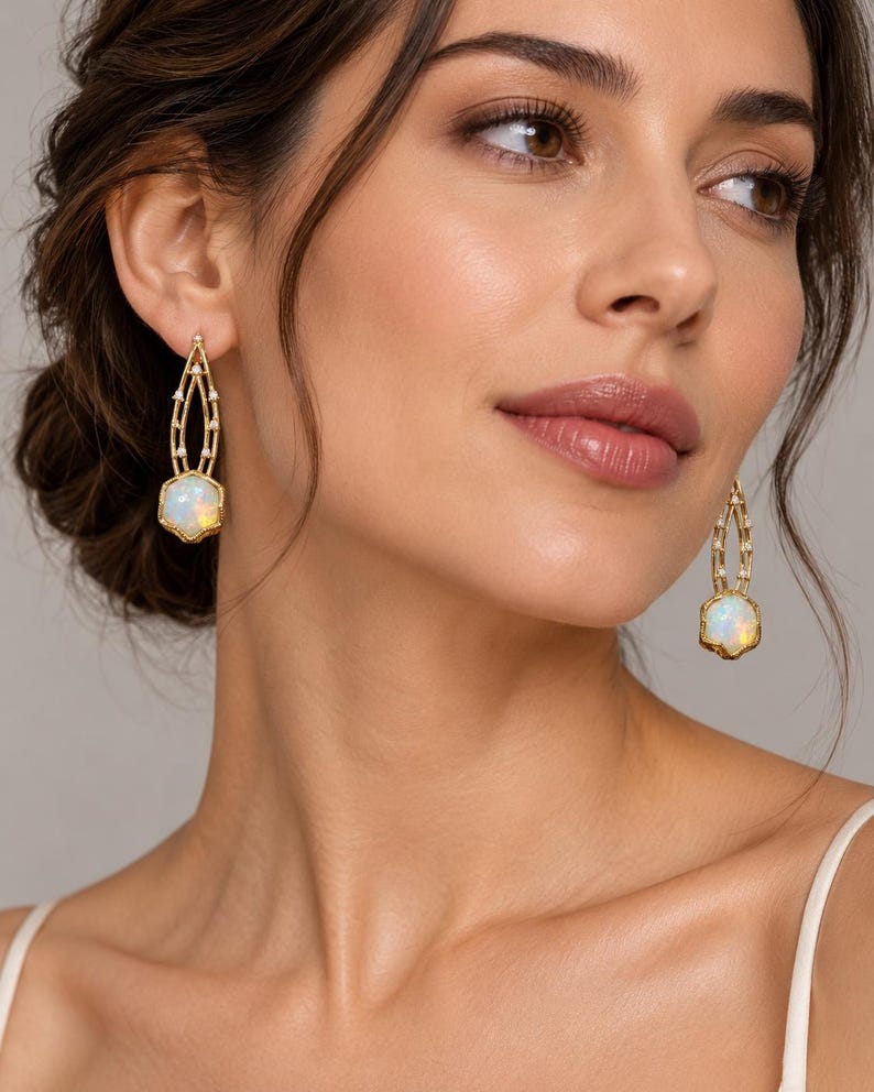 Spoon 14k Gold Multi Fire Opal & Diamond Earrings, Round Balls
