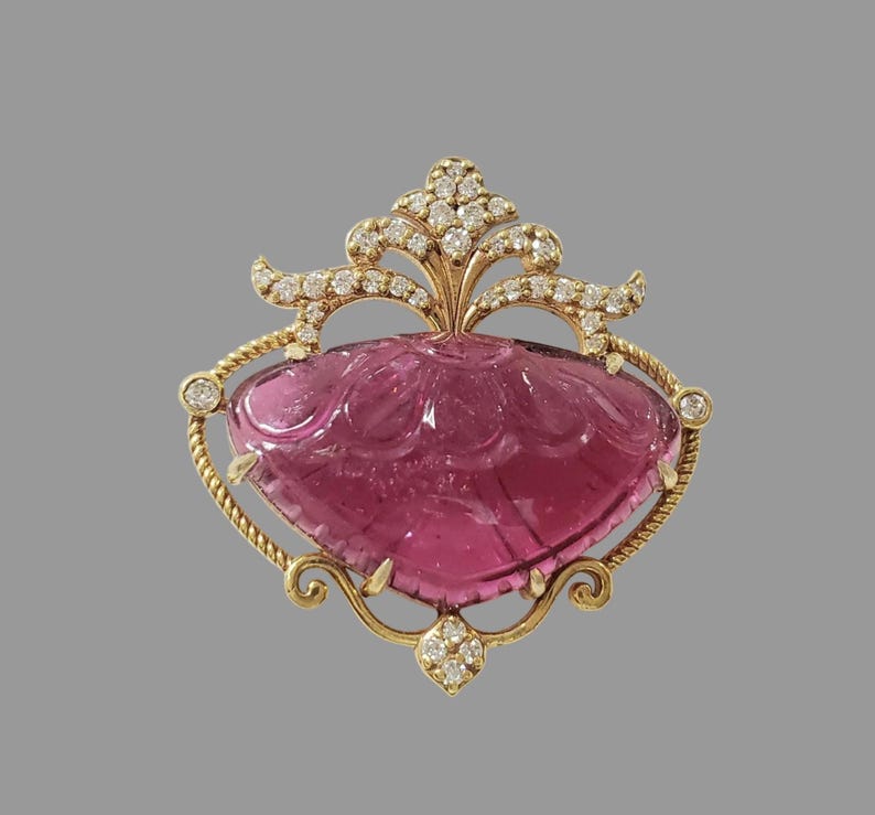 14K Gold Carved Rubellite Tourmaline Pendant