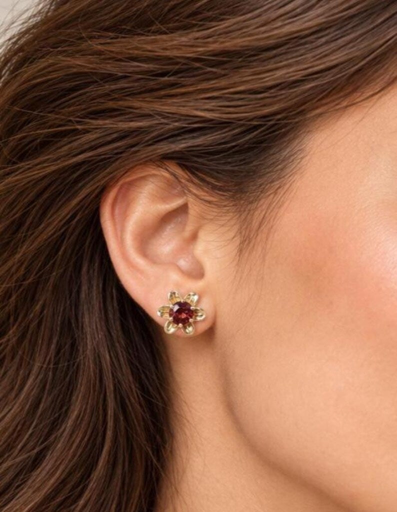 14K Gold Natural Red Garnet Flower Stud Earrings