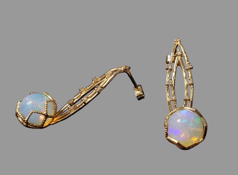 Spoon 14k Gold Multi Fire Opal & Diamond Earrings, Round Balls
