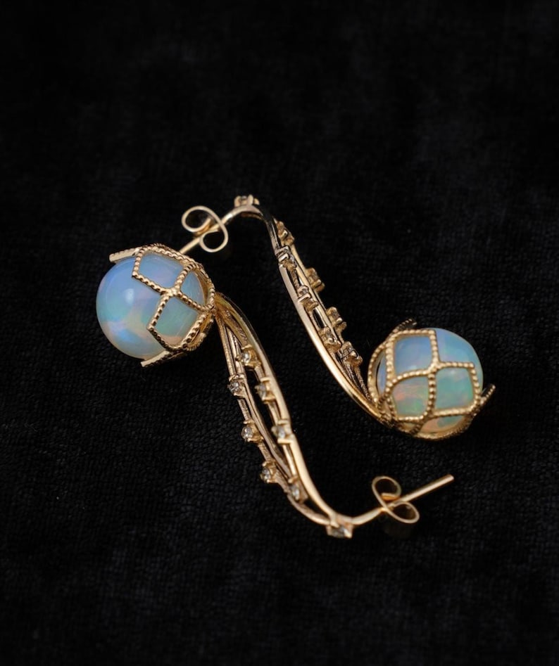 Spoon 14k Gold Multi Fire Opal & Diamond Earrings, Round Balls