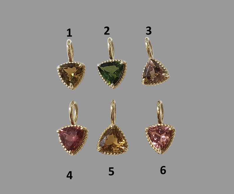 14K Gold Tourmaline Trillion Charm Pendant, Multi Color Gemstone Charm