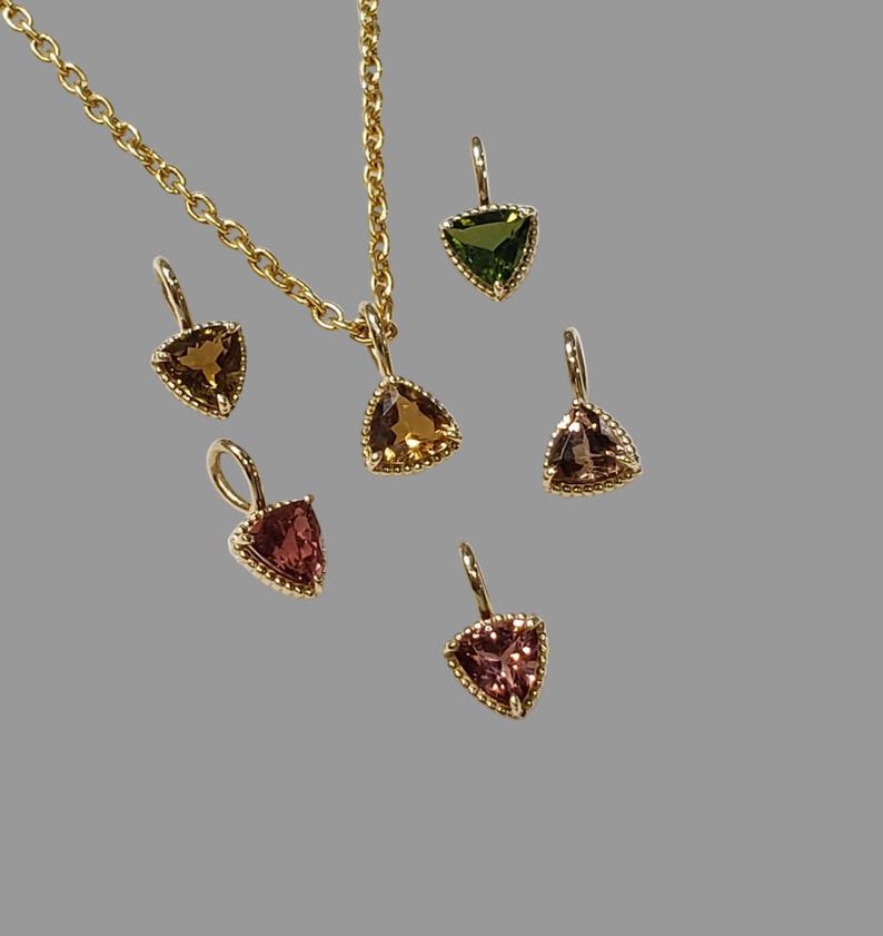14K Gold Tourmaline Trillion Charm Pendant, Multi Color Gemstone Charm