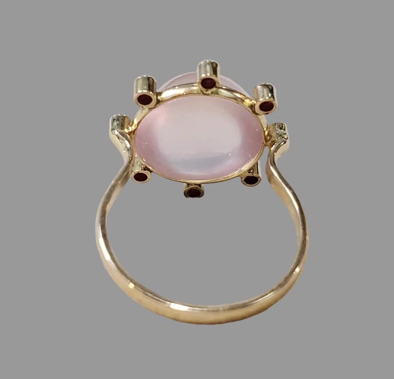 Smooth Rose Quartz and Ruby 14k Gold Ring, Cluster Setting