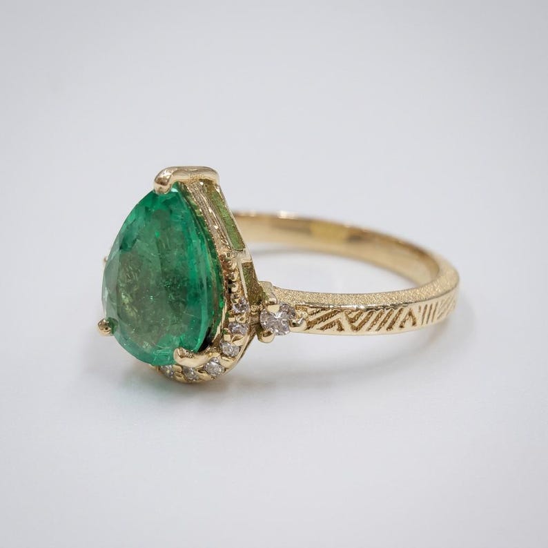 Natural Zambian emerald ring, 1.58 ct pear cut in 14K gold