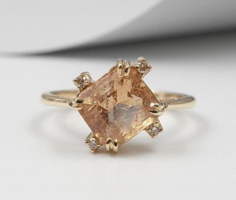 Asscher cut ring showing step facets, close-up