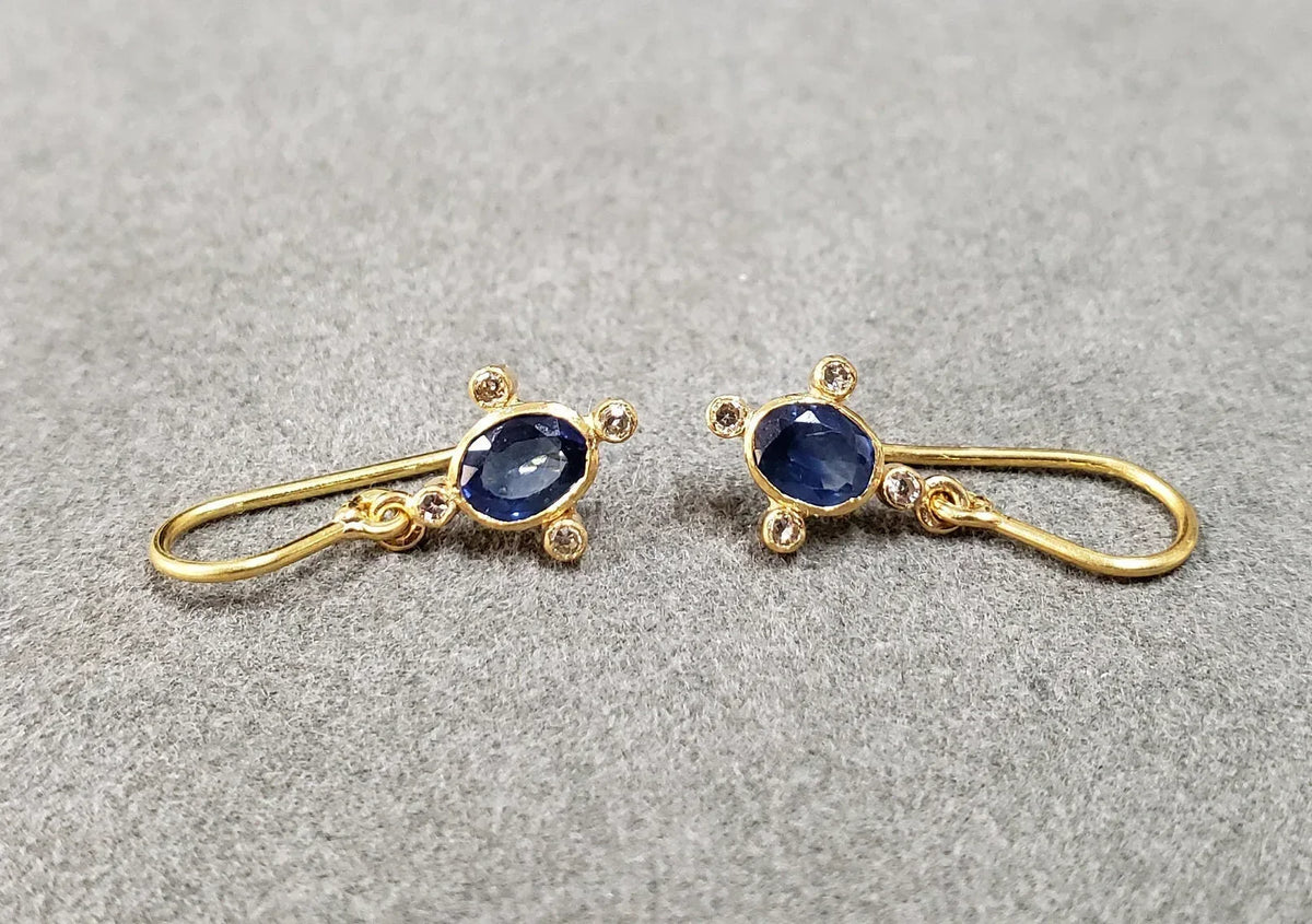 18k Gold Blue Sapphire Diamond Earrings: Handmade Oval Dangle Earwire - K Jewelry Accessories