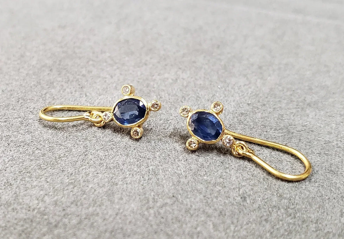 18k Gold Blue Sapphire Diamond Earrings: Handmade Oval Dangle Earwire - K Jewelry Accessories