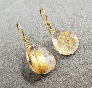 Handmade 18k Gold Rutile Quartz Drop Earrings