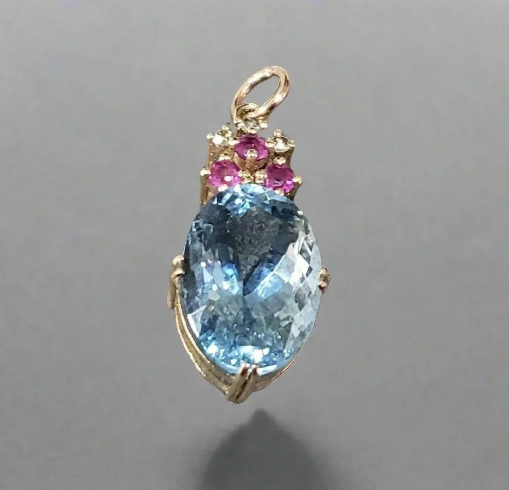 Blue Aquamarine with Ruby and Diamond 14k Gold Pendant - K Jewelry Accessories