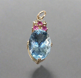 Blue Aquamarine with Ruby and Diamond 14k Gold Pendant - K Jewelry Accessories