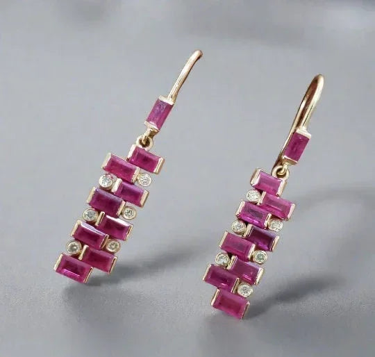 Handmade 14k Gold Baguette Ruby Diamond Earrings: Anniversary Jewelry - K Jewelry Accessories