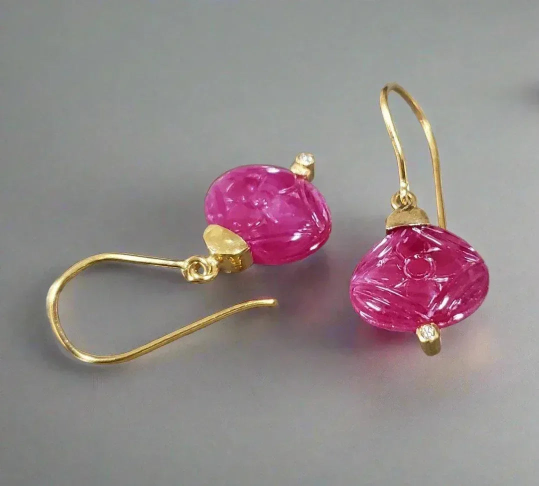 14k Gold Floral Carving Ruby Diamond Dangle Earrings - K Jewelry Accessories