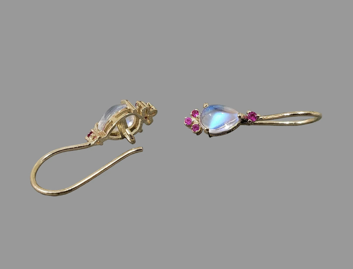 Blue Moonstone Ruby 14k Gold Earrings: Pear Cabochon Leverback - K Jewelry Accessories