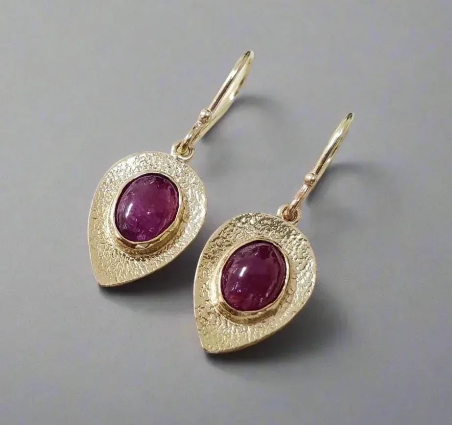 14k Gold Ruby Earrings: Hammered Oval Cabochon, Dainty Gemstone - K Jewelry Accessories