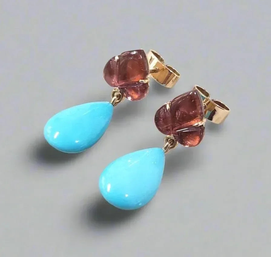 14k Gold Turquoise Flower Earrings: Sleeping Beauty Tourmaline Dangle - K Jewelry Accessories