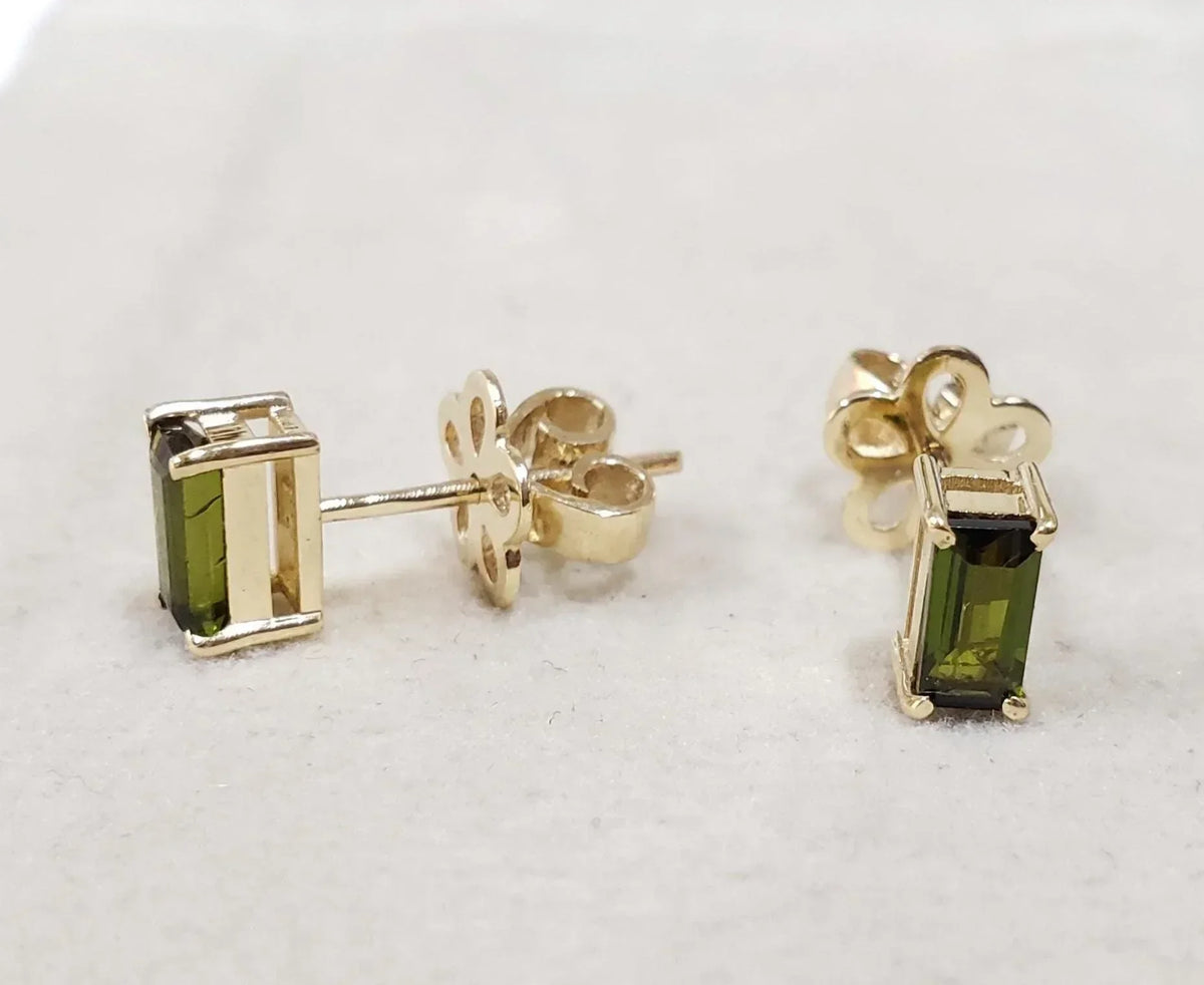 14k Gold Green Tourmaline Stud Earrings: Baguette Gemstone Jewelry - K Jewelry Accessories