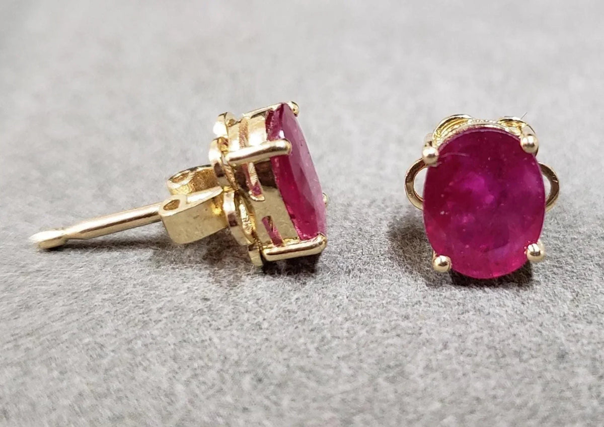 Handmade 14k Gold Ruby Studs: Oval Gemstone Earrings - K Jewelry Accessories